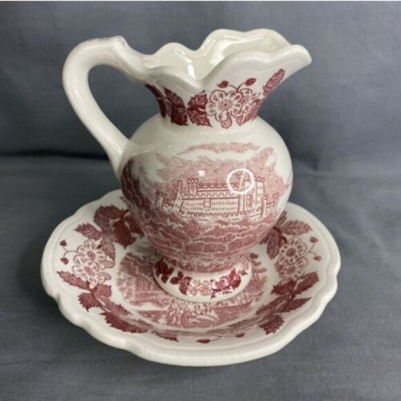 Dining | Vintage Red Transferware Small Pitcher And Bowl 4 Castle ...